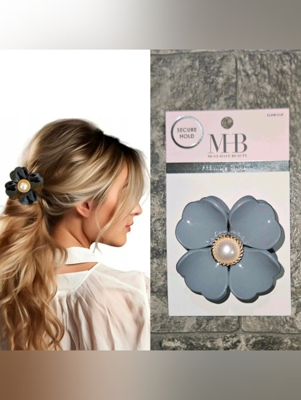 Must Have Beauty Acrylic Gray Flower With Faux Pearl Accent Hair Claw Clip BNIB